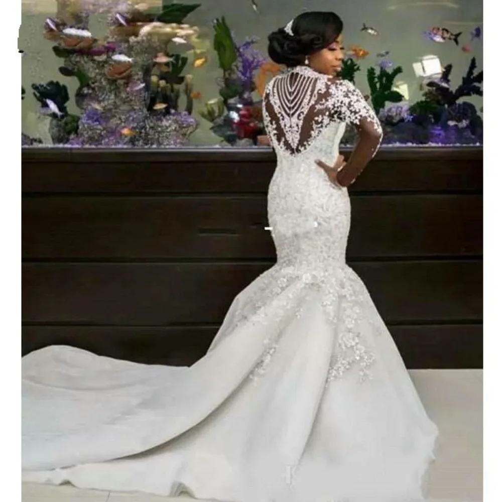 African High Neck Mermaid Wedding Dresses Arabic Plus Size Lace Appliques Zipper Back Bridal Gowns Long Sleeve Robe De Mariee