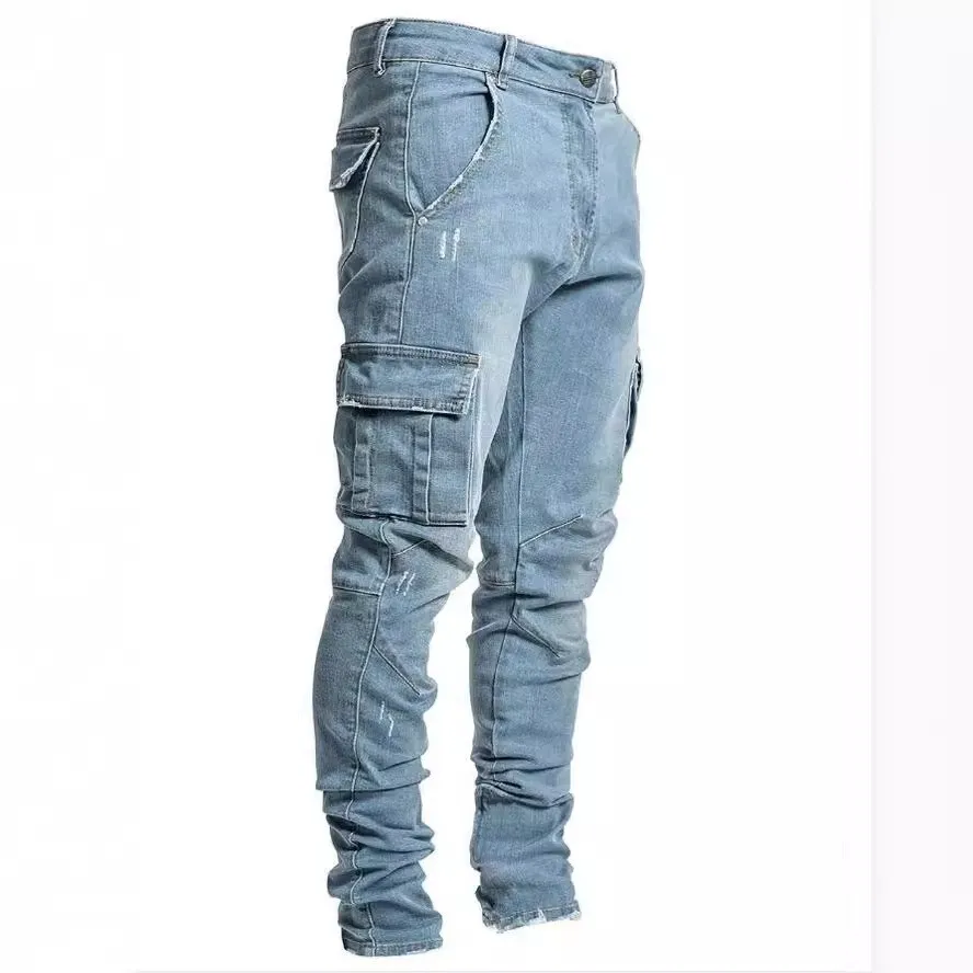 Pocket Pockets Pants Mid Waist British with Medium Stretch Mid Rise Waist Full Length Straight Leg Multiple Pockets Men Pants