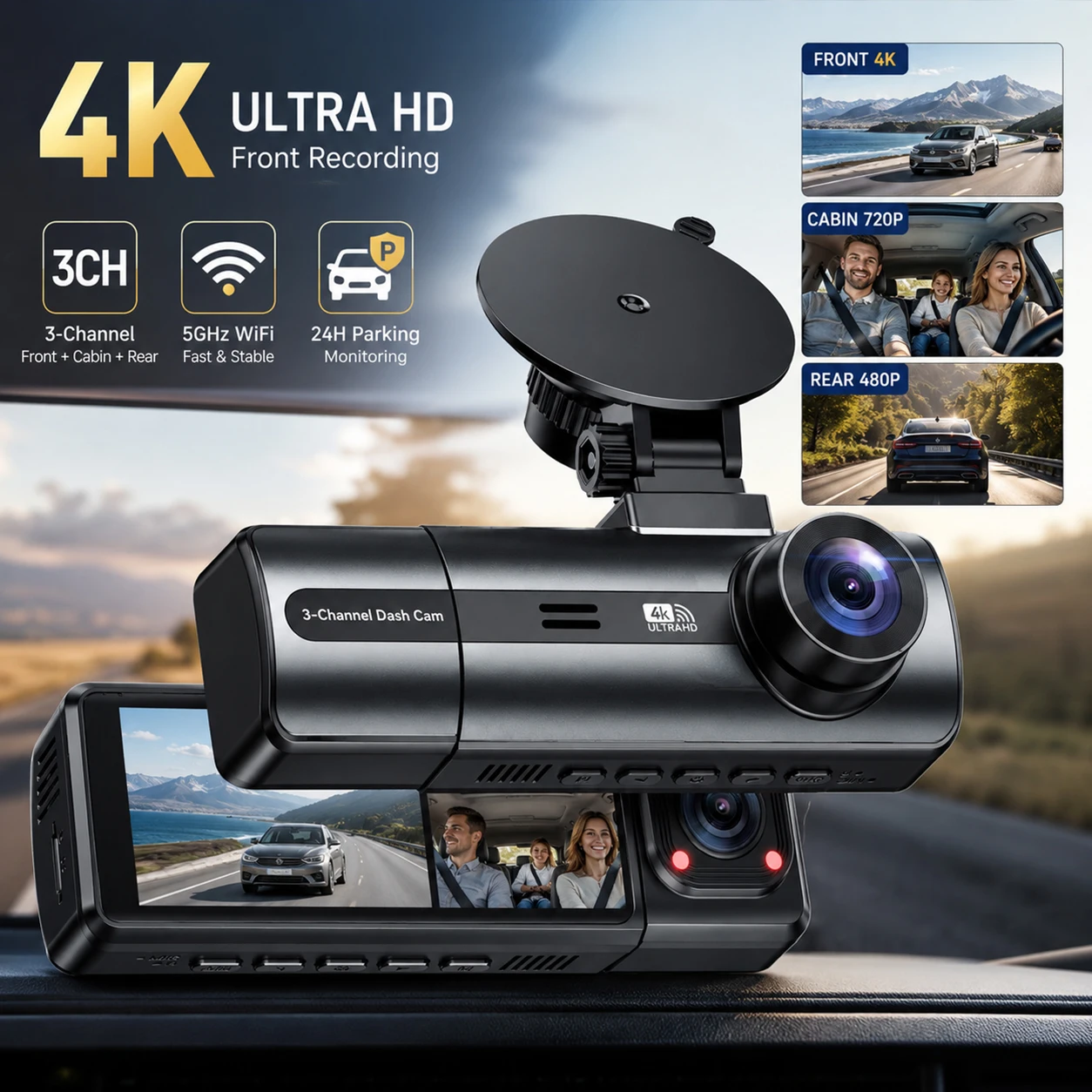 4K Ultra HD Dashcam 3-kanaals auto DVR video recorder met camera voor, binnen en achter, 3,16" IPS-scherm, 5GHz Wifi app-bediening, 64GB TF-kaart inbegrepen, nachtzicht, G-sensor, 24-uurs