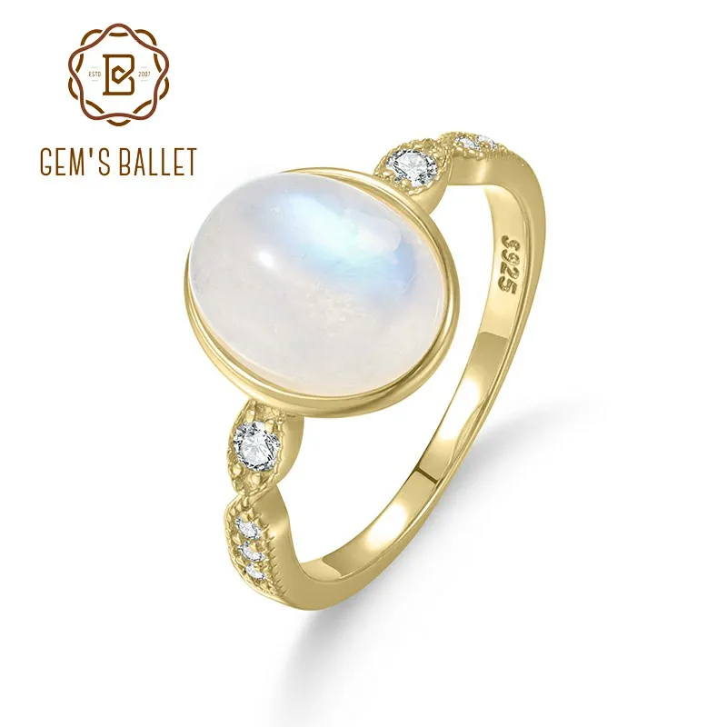 

GEM'S BALLET Oval 8x10mm 3.24CT Milky Blue Moonstone Cocktail Ring in 925 Sterling Silver Gold Plated Gift For Her