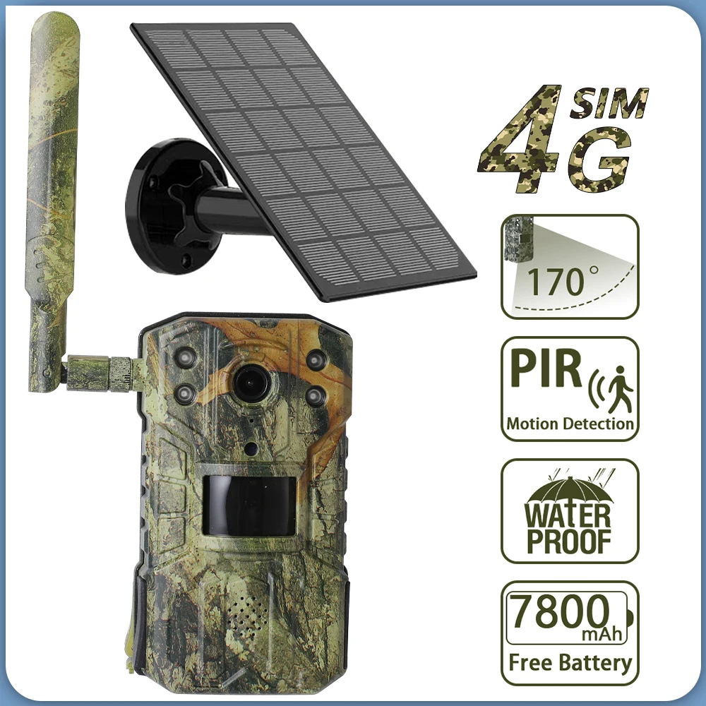 Solar Hunting Trail Camera 20M PIR Motion Detection Waterproof Wildlife Camera 4K 14MP 4G SIM Card 30M Night Vision 7800mAh