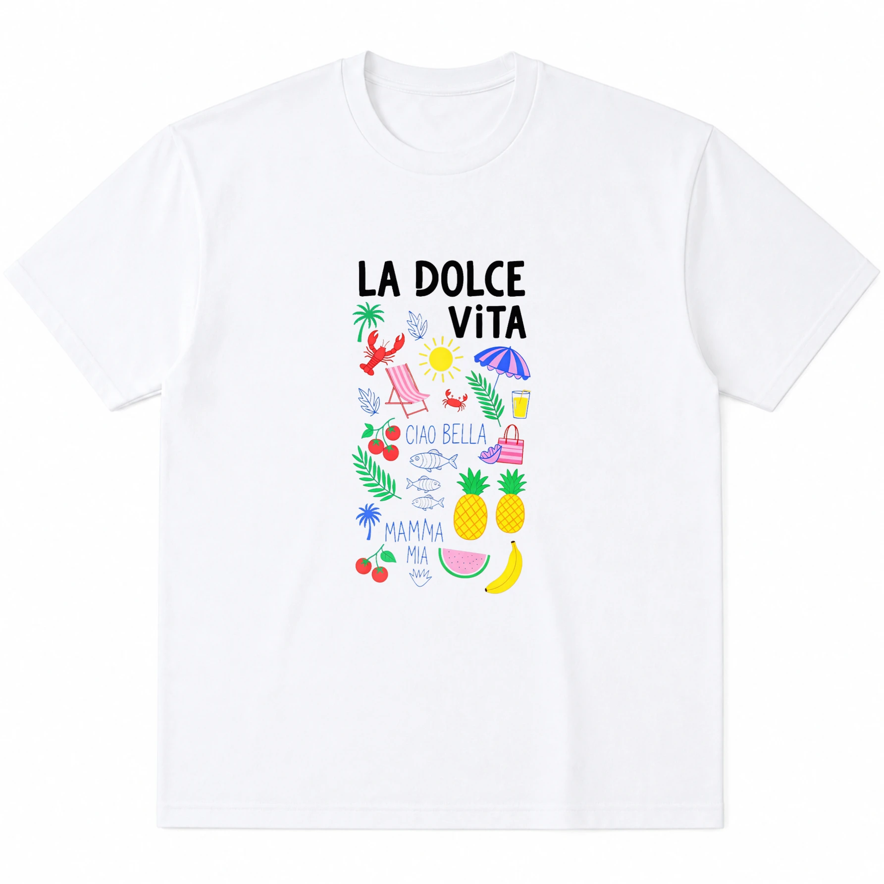 T-shirt con disegni mediterranei a tema estivo italiano «La Dolce Vita», unisex, in cotone bianco, con stampa e maniche corte.