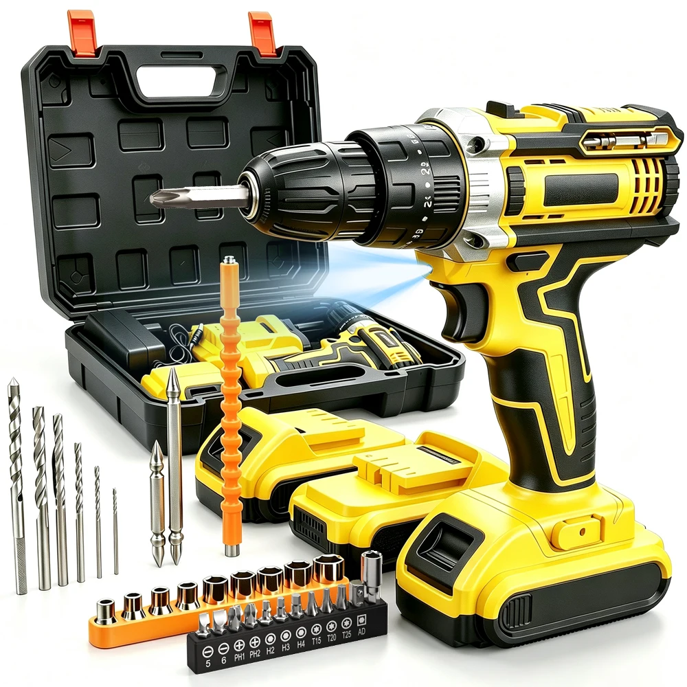 Taladro percutor inalámbrico portátil de 21 V, kit de taladro eléctrico con baterías duales, destornillador eléctrico, accesorios