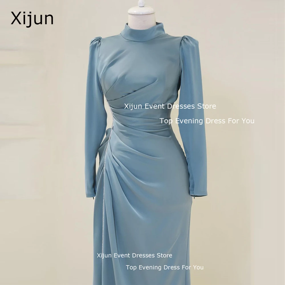 Xijun Modest Arabic Women Evening Dresses Long Sleeves High Neck Silk Satin Pleats Formal Occasion Prom Dress Party Gowns 2024