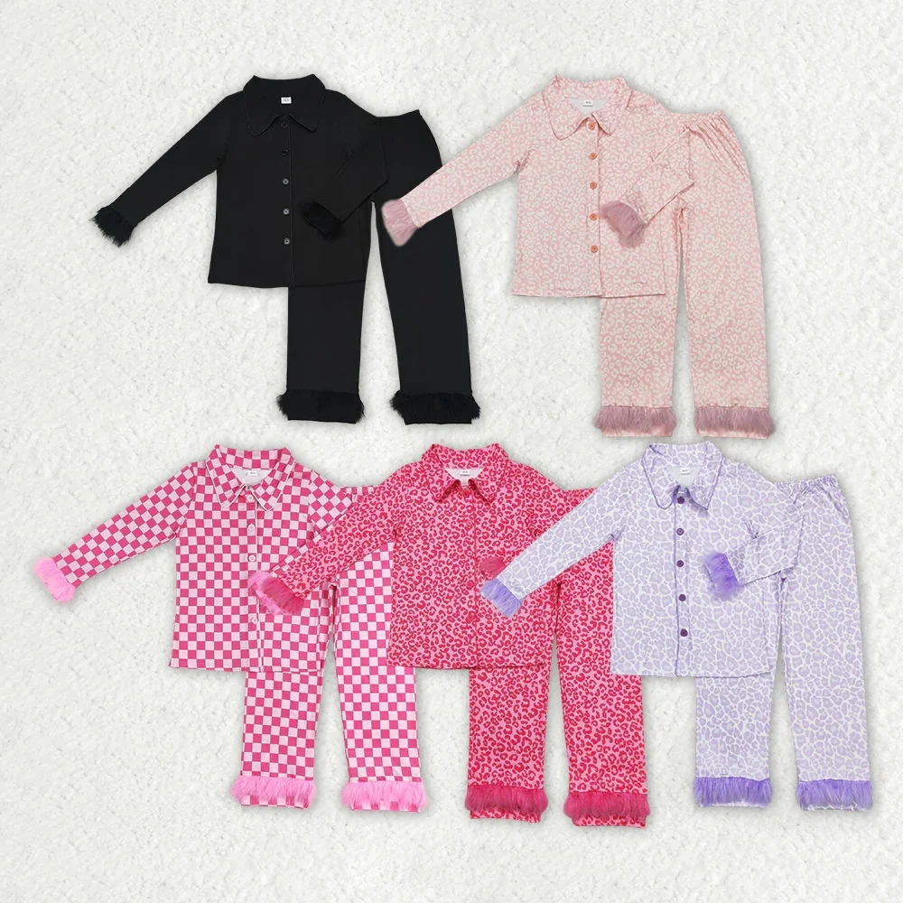 

Wholesale Adult Woman Sleepwear Fur Long Sleeves Button Down Shirt Set Pants Leopard Checkered Outfit Women Pajamas Clothing