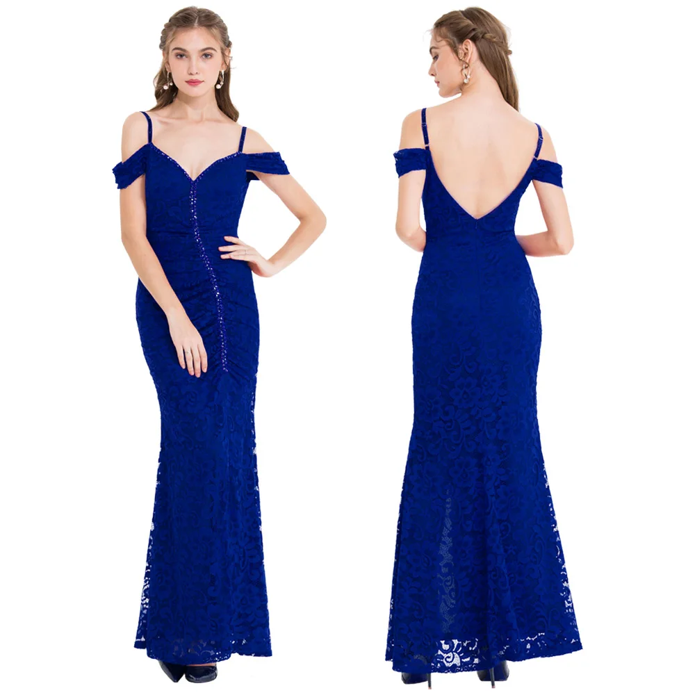 

Angel-fashions Women's Boat Neck Spaghetti Strap Beading Lace Evening Dress Long Slit Formal Party Gown 425