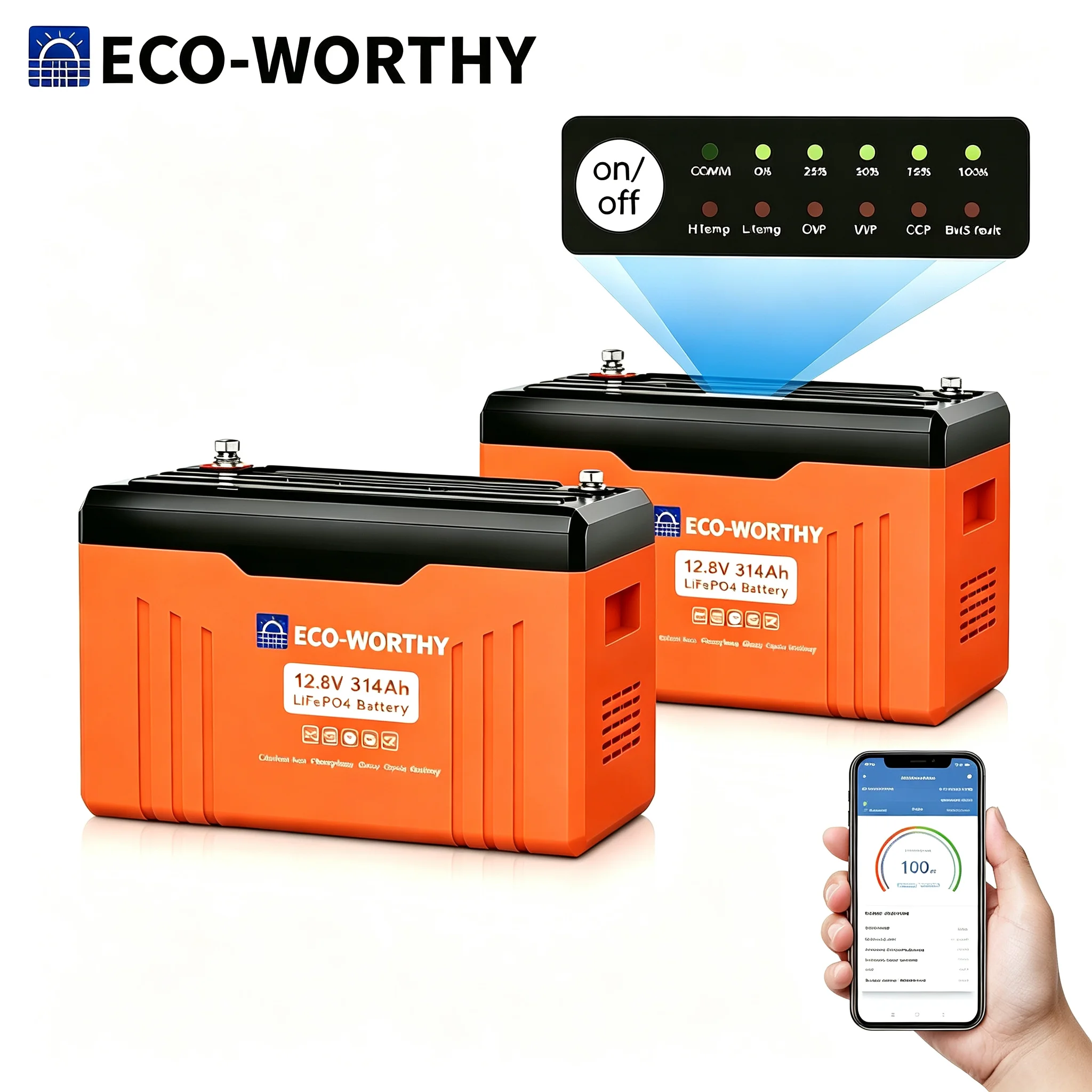 Batterie al litio ECO-WORTHY LiFePO4 12 V 314 Ah con protezione Bluetooth contro le basse temperature e BMS integrato da 200 A