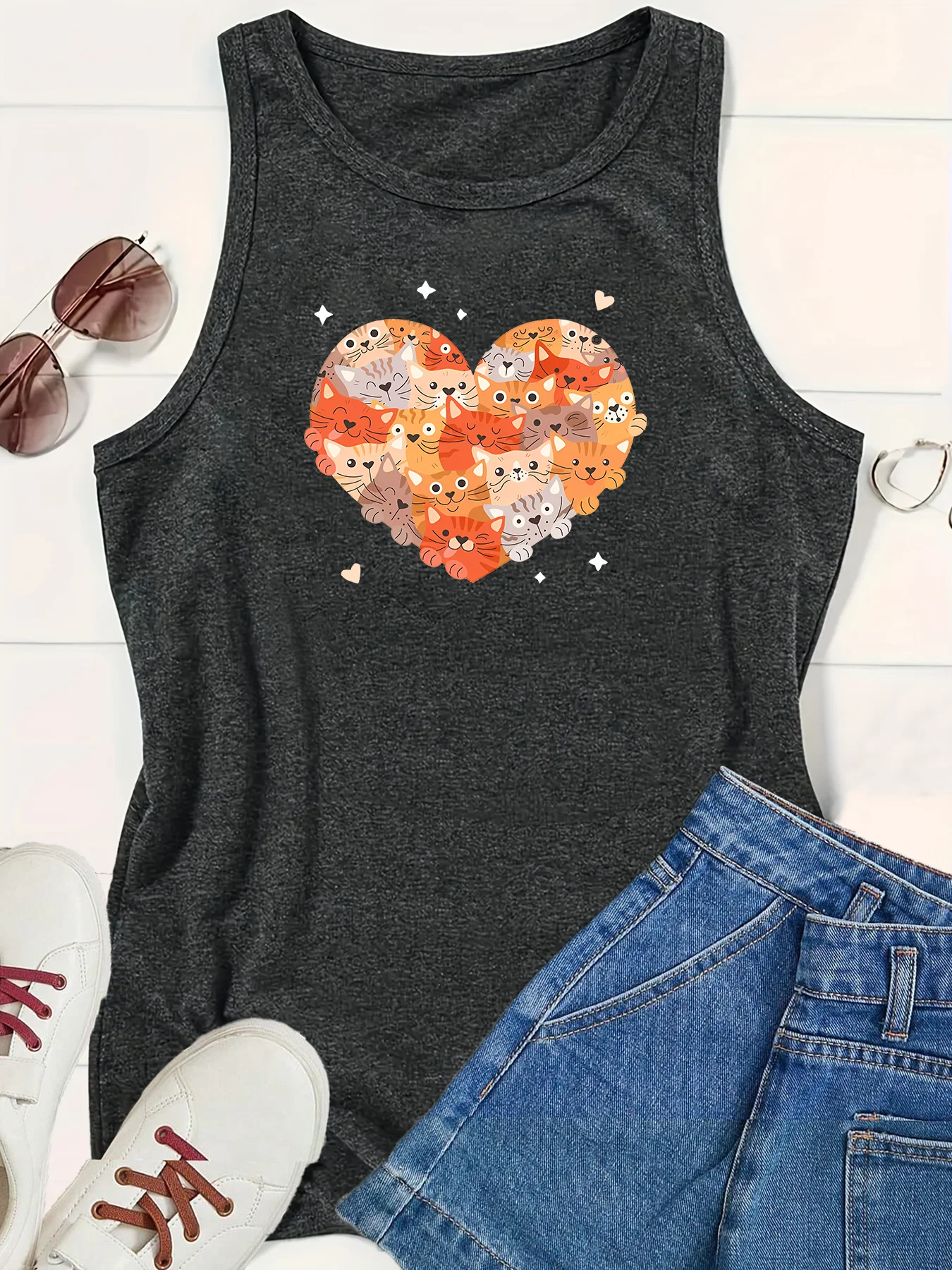 Star Love Cats Of Different Colors Love Sports Print Women Tank Tops Loose O-neck Sleeveless Casual Vest Women's Tops