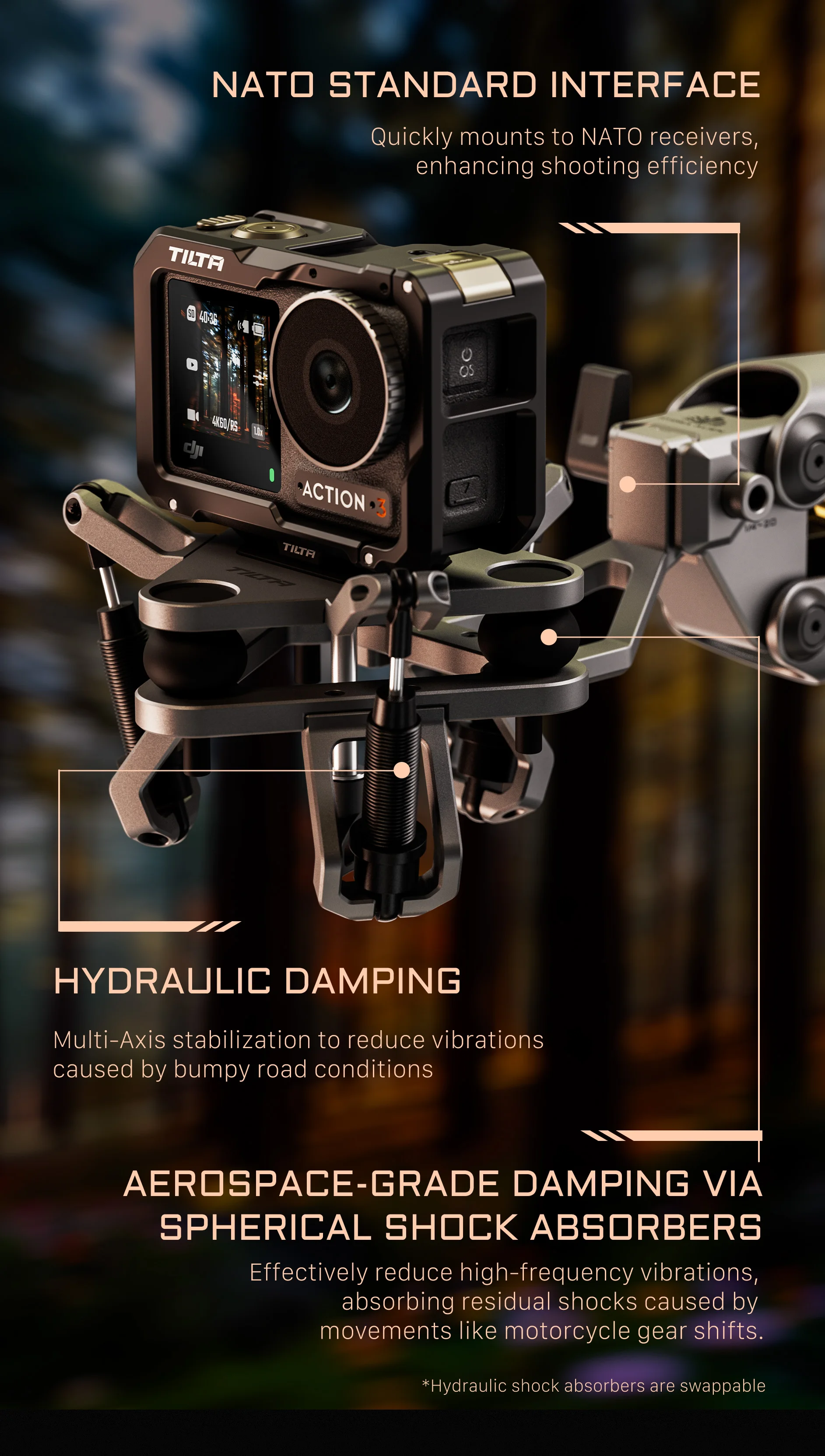 TILTA Hydra Alien Mini Biking mit universellem stoßdämpfendem Kopf für Pocket3/Pocket4pro/Go Pro10/11/12/Action4/5pro/Insta360 X3/4 – Detail 4