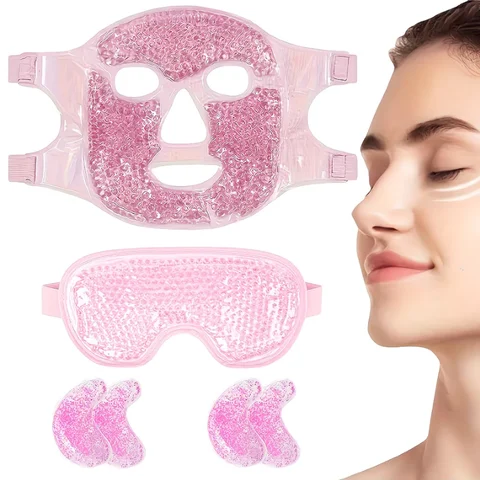 6-piece Pink Ice Bead Facial Cold Compress Mask Set - Ice Eye Mask + Eye Patches, Reusable Hot and Cold Beauty Tools
