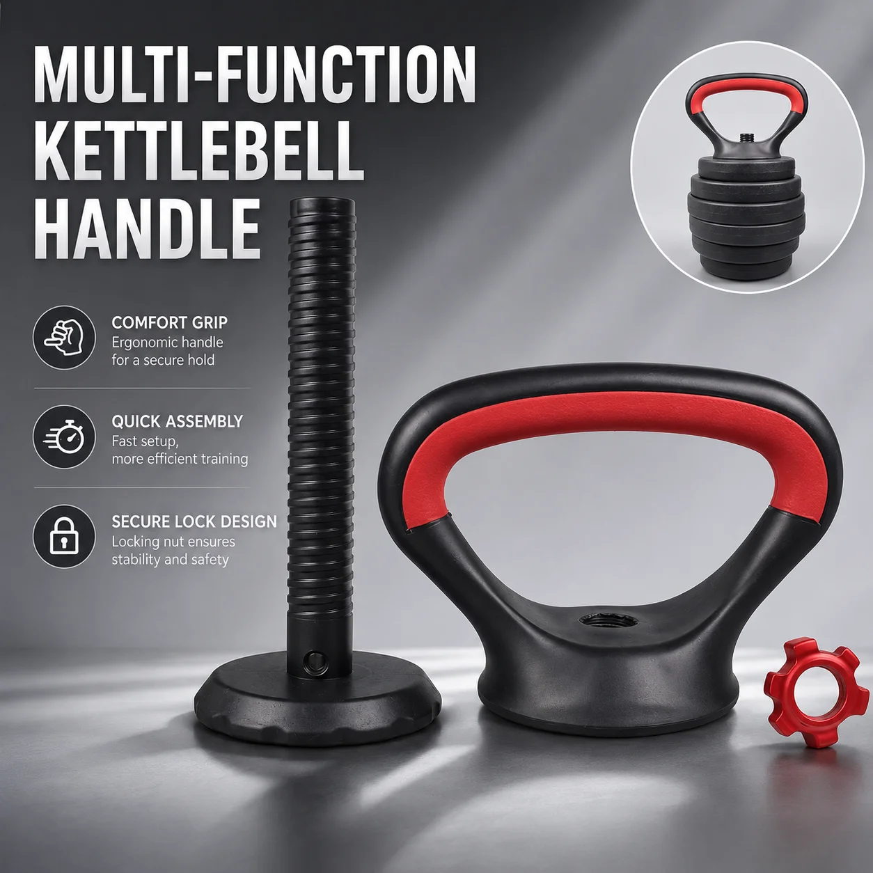 Premium 3PCS Adjustable Kettlebell Handle Set, Includes Kettlebell Grip, Weight Plate Loading Base and Secure Lock Nut for Home