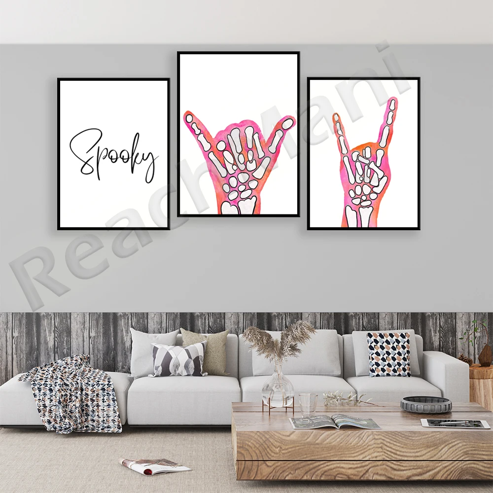 Halloween Sign, Pink and Orange Shaka and Peace Sign Art Poster, Spooky Holiday Wall Art, Skull Hand Shaka Sign, Autumn Painting