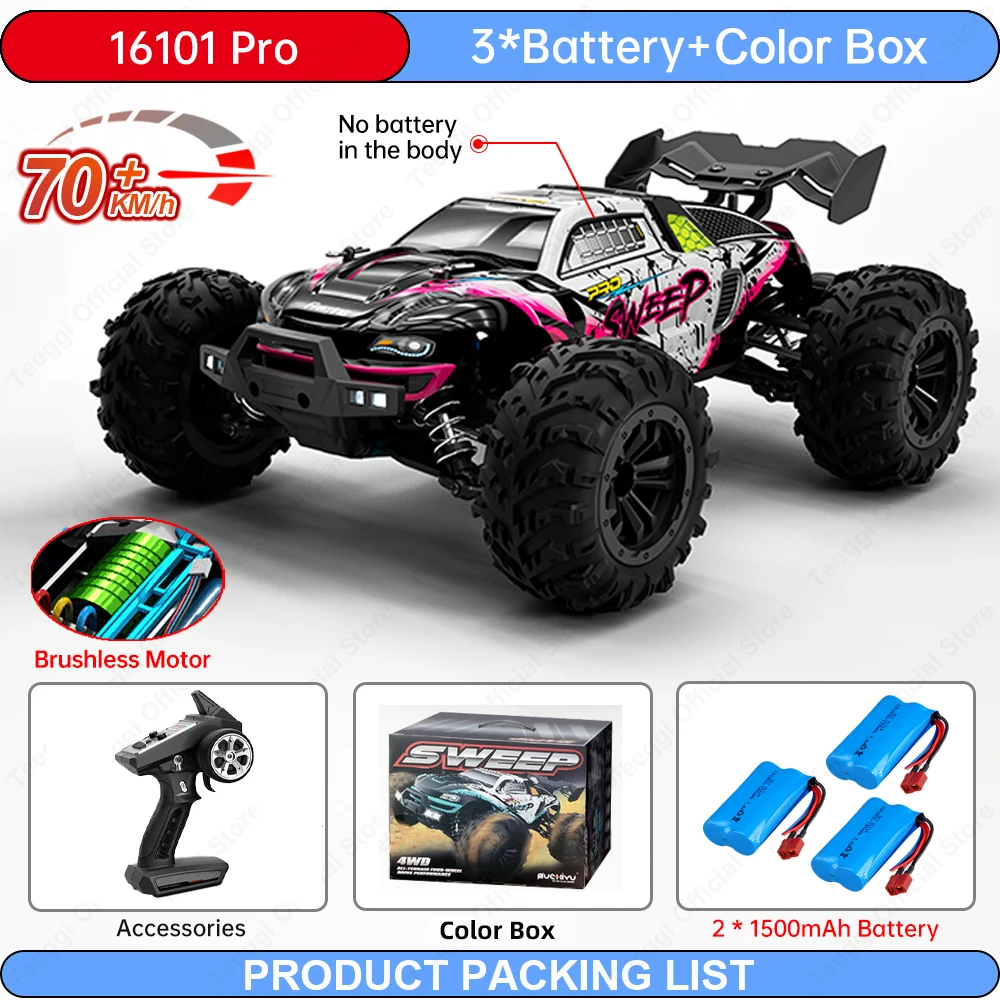 Teeggi 16101/16102 PRO 1:16 Hochgeschwindigkeits-Ferngesteuertes Auto mit LED, 70 km/h, Allradantrieb, professionelles Offroad-Auto, Monstertruck, Geschenkspielzeug