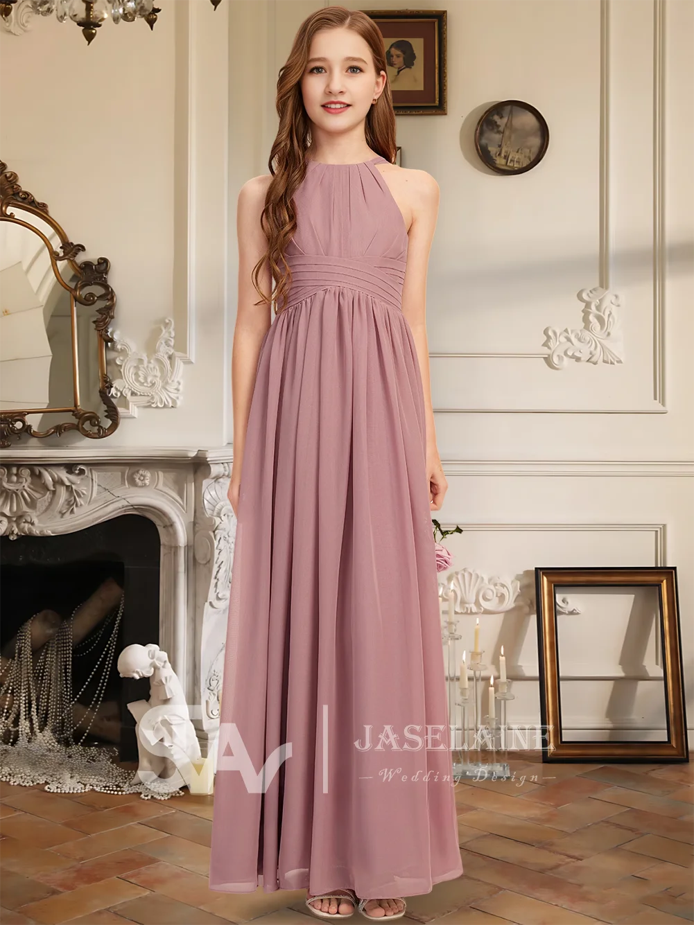 Dziecięca Sukienka Druhny dla Dziewczynek, Linia A, Halter, Długa do Podłogi, Szyfonowa, Bez Rękawów, Marszczona w Talii, Sukienka dla Druhny z Kwiatami, Sukienka na Wesele, Formalna