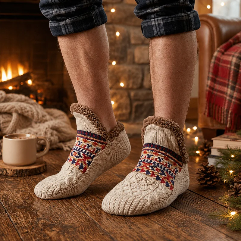 Thick Lined House Socks For Men Vintage Jacquard Knit Anti Slip Bottom Super Warm Soft Winter Indoor Floor Socks