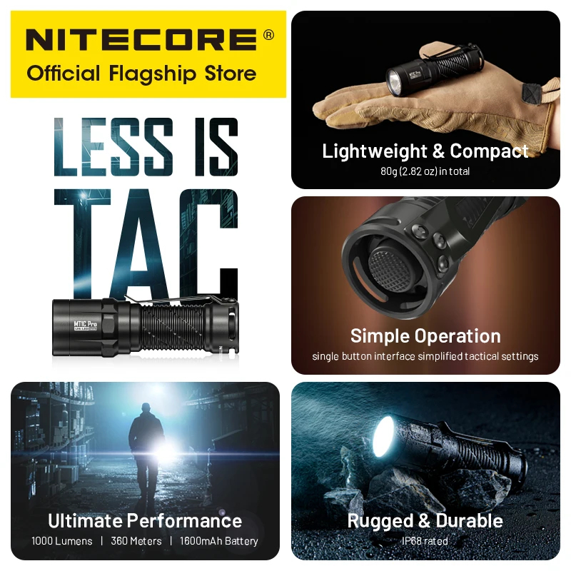 NITECORE MT1C Pro Compact Tactical Flashlight 1000 Lumens EDC Pocket Flashlight Torch, 18350 USB-C Rechargeable Li-ion Battery