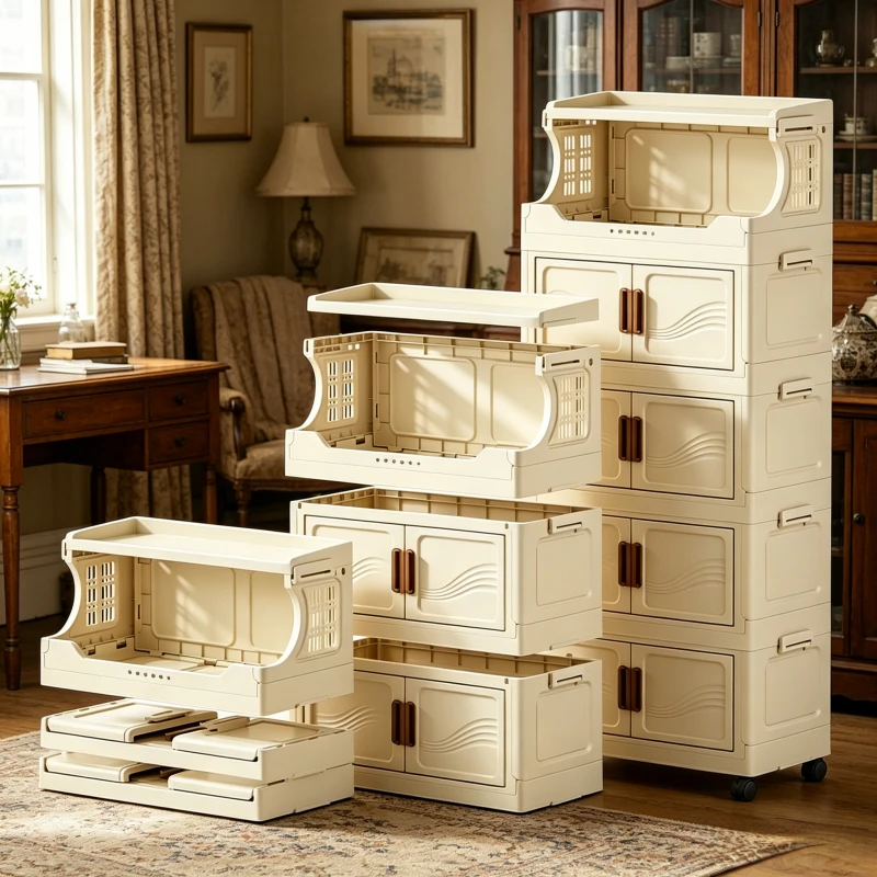 Foldable wheeled coffee corner storage cabinet, white plastic stackable storage cabinet, with magnetic door, multi-layer rolling storage cart, suitable for storage room, bedroom, living room, bathroom view 6