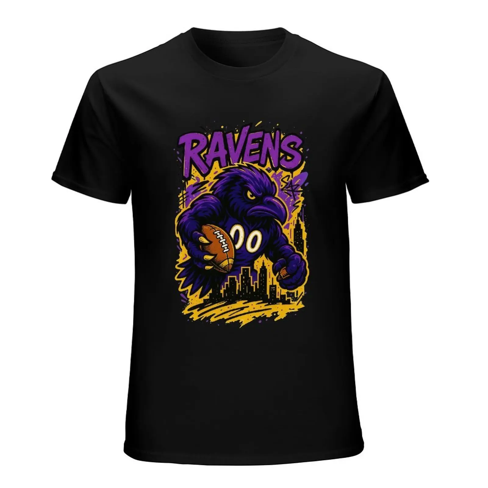 City Skyline Baltimore Ravens Cartoon Raven Holding Football Street Graffiti Print Casual Short Sleeve Tshirt