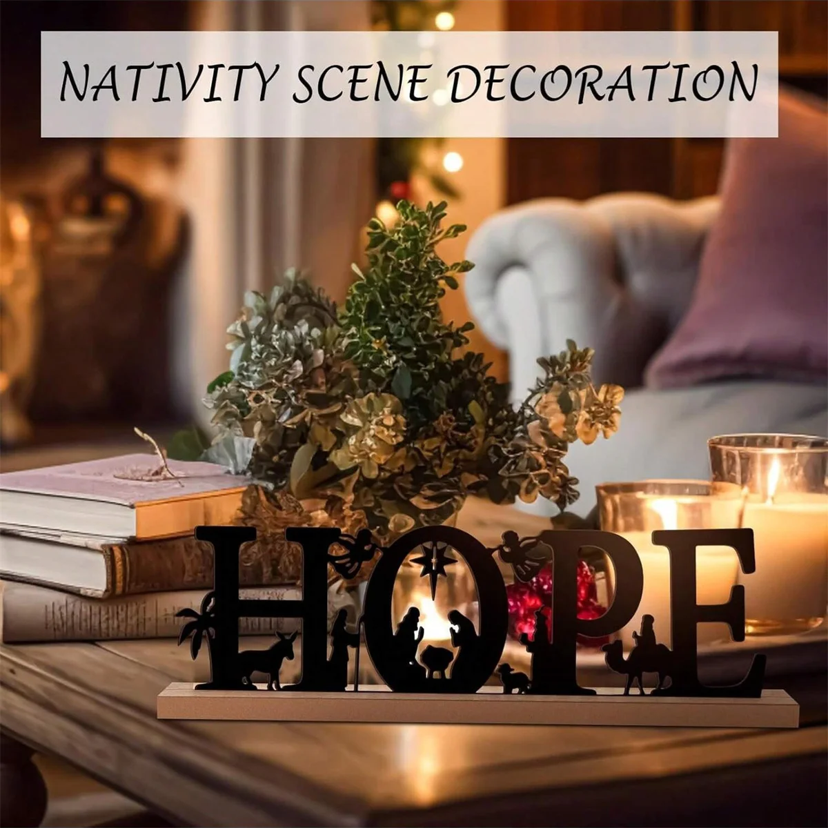 1 قطعة الحلي المعدنية لزينة عيد الميلاد مشهد المهد المعدني الأسود مع قاعدة خشبية للمنزل مكتب الرف ديكور للطاولات #4