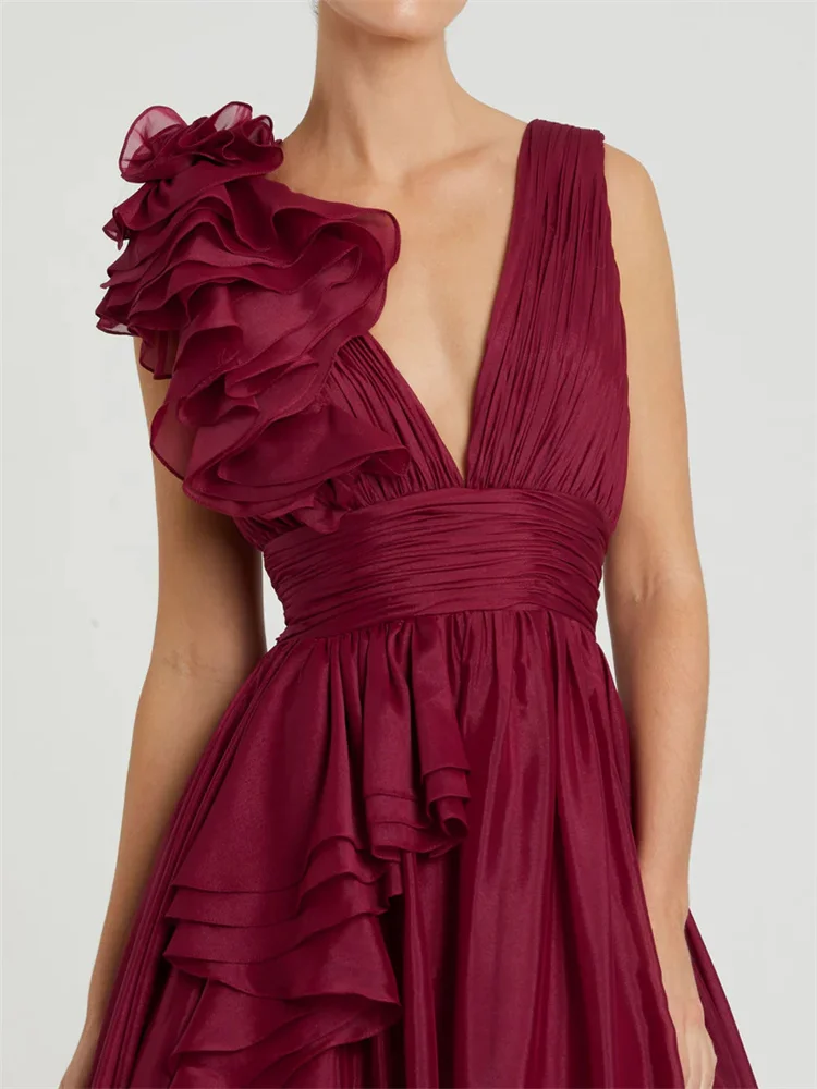 Customized Stunning Ruffled V-Neck Chiffon Evening Dress Ruffled Shoulders and Waist Ruffles Extend to Skirt Silhouette Dress