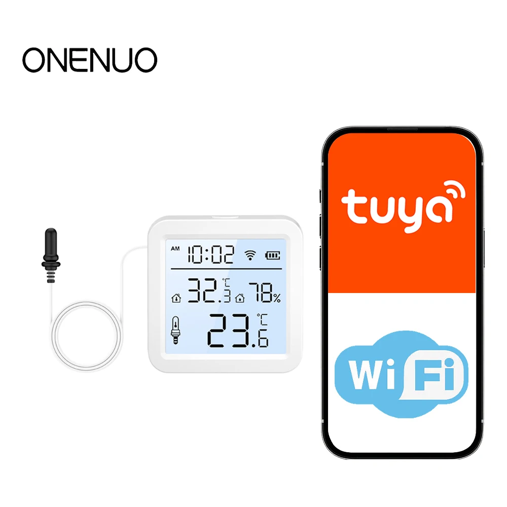 WiFi Humidity Temperature Sensor with External Probe Indoor/Outdoor Tuya Smart Thermometer for Smart Home APP Monitoring