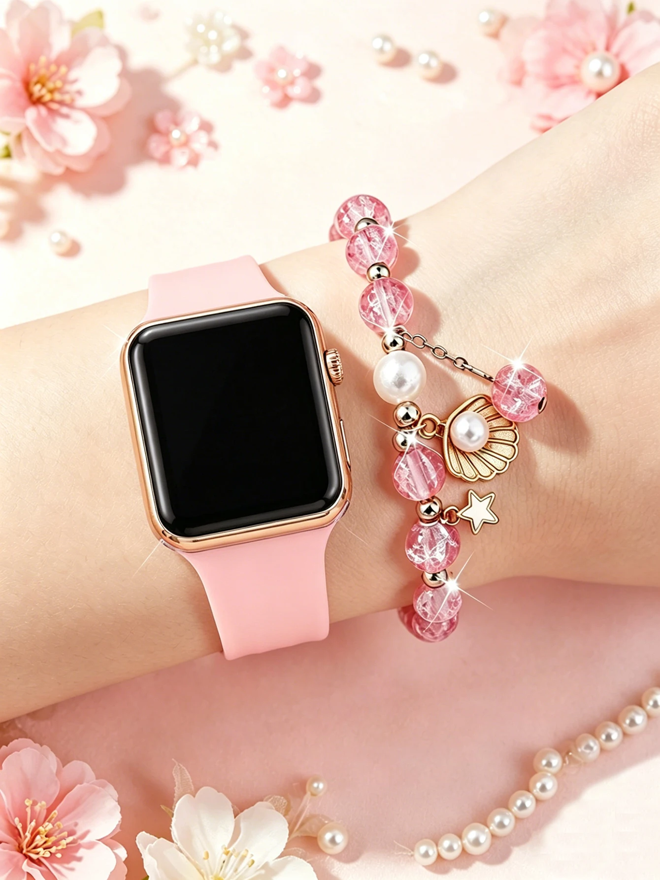 Fashionable Cute Square Simple Electronic Watch with Pink Beaded Bracelet Versatile Daily Good Gift Item