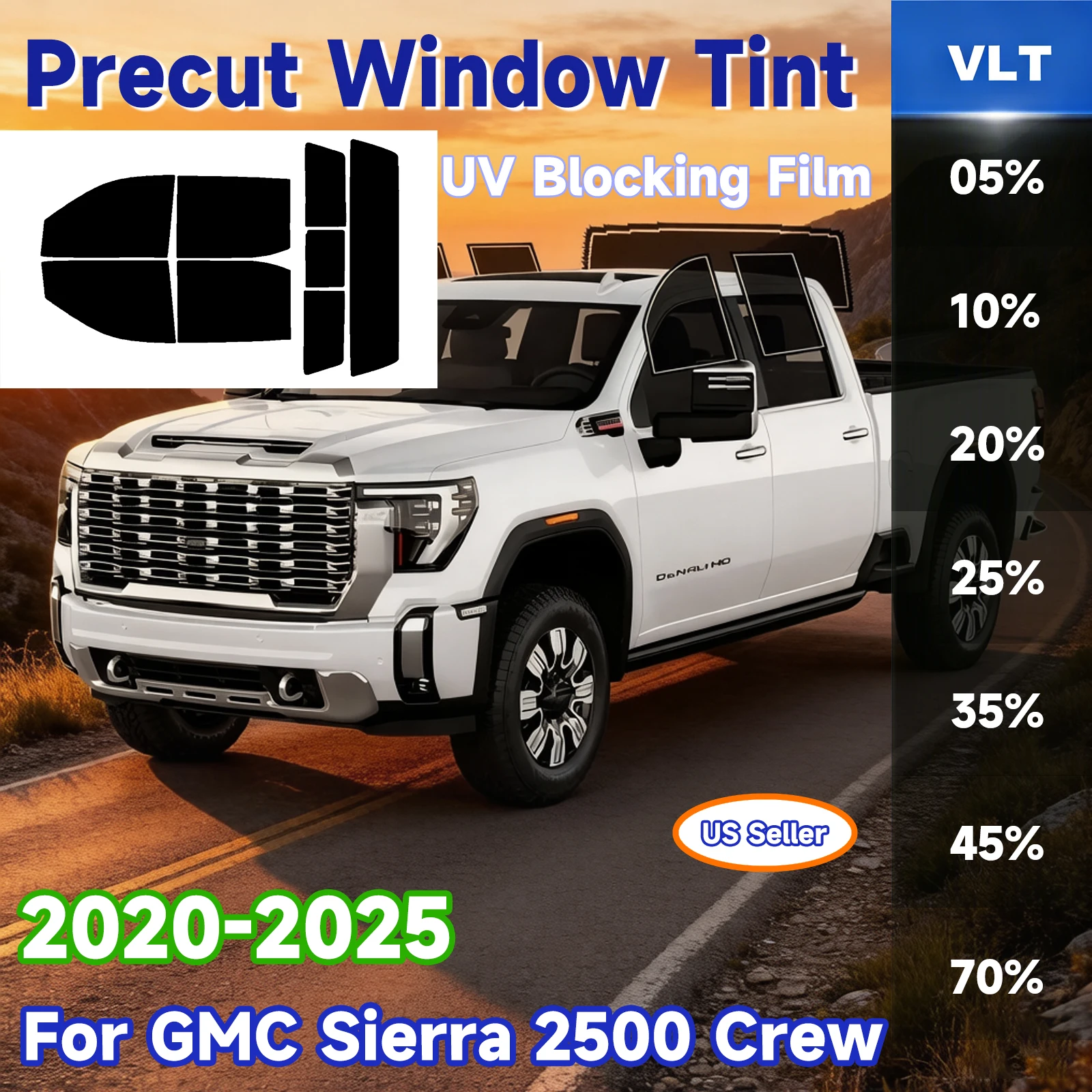 

Precut Windows Tint Film Sun Block Protection Privacy Anti Shatter Glass 2 Ply Film Shade Kit for Gmc Sierra 2500 Crew 2020-2025 Auto Window Film Car Accessories