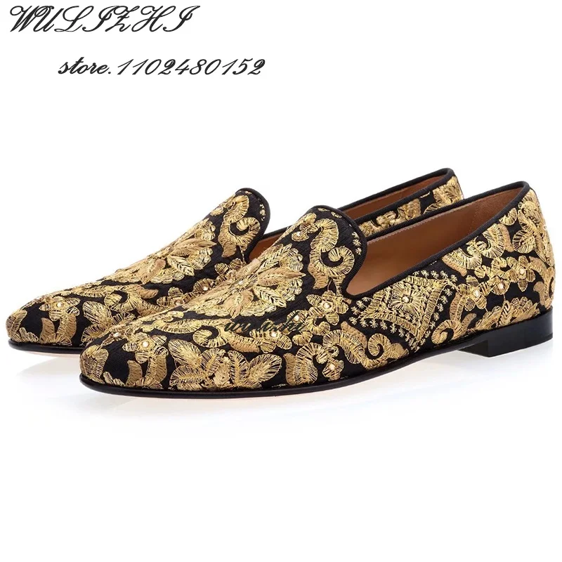 Yellow Totem Embroidered Gold Silk Sneaker Men Round Flat Soles Casual Sports Loafers Spring Party Oxfords Elegant Mules Wedding