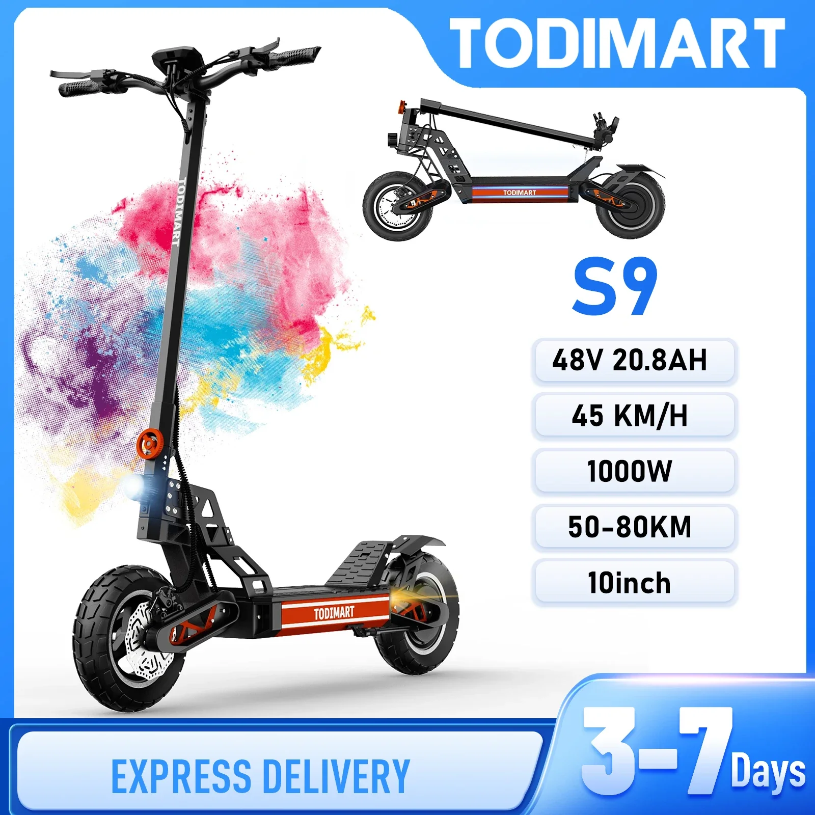 Trottinette électrique TODIMART S9 pour adulte, vitesse de pointe de 45 km/h  de 75 km pneus tout-terrain de 10 pouces, pliable