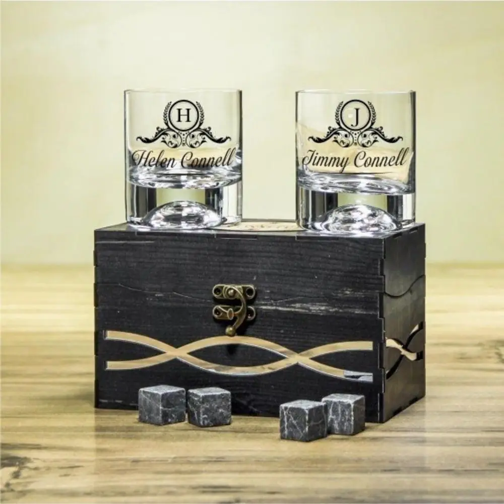 Customizable 205 CC Glass Wooden Box Double Whiskey Set Kitchenware Glassware Accessories Luxury Glassware Espresso