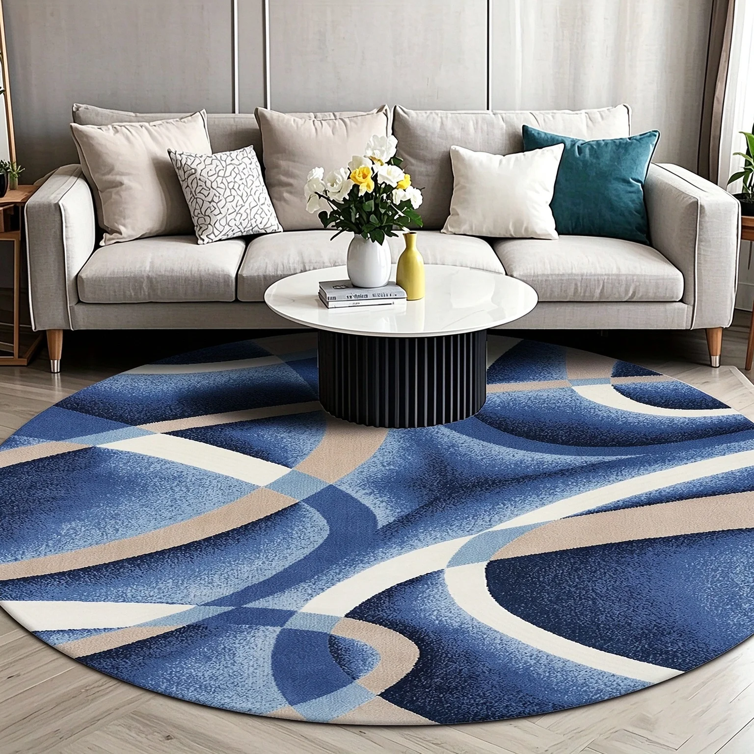 2D Flat,Modern Abstract Blue Swirl Round Rug – Geometric Curved Circular Mat Home Decor Rug for Living Room, Bedroom, or Beside the Sofa