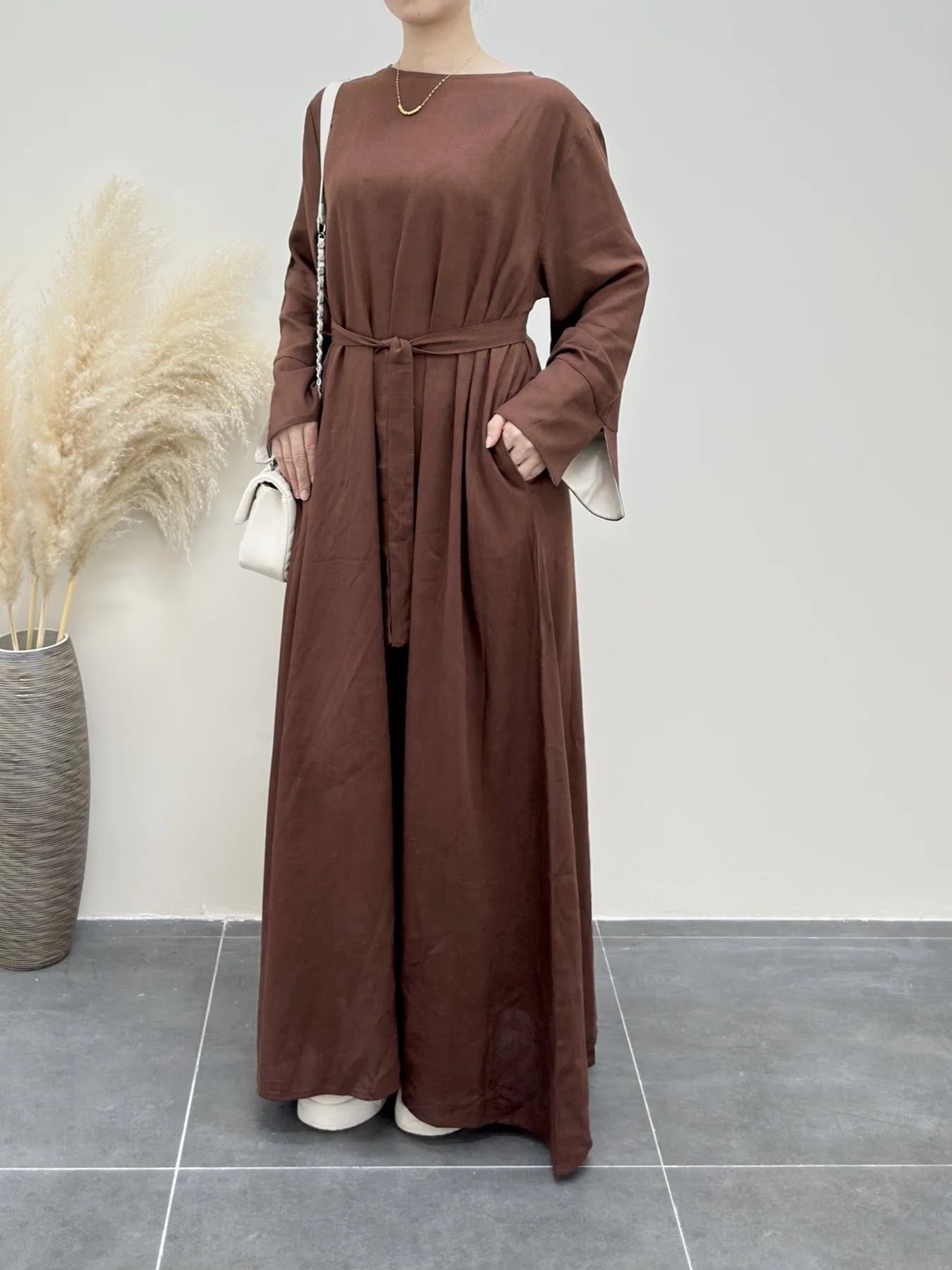 Fumidar linen abaya Linen Color-Block Long-Sleeve Maxi Dress