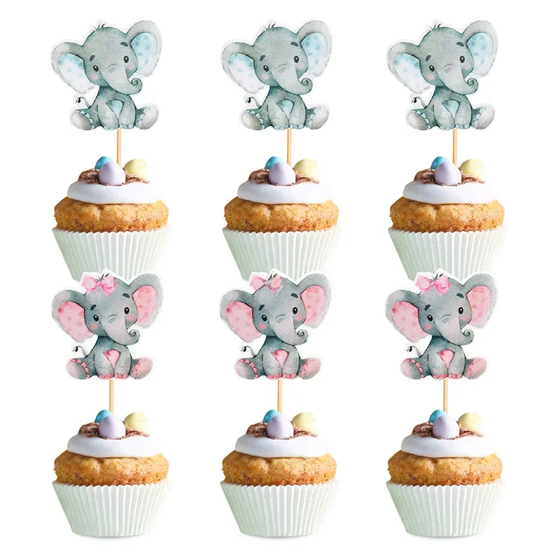 Topper gâteau éléphant Chi rose/bleu, 10 pièces/ensemble, décoration en papier pour fête préChristophe, dessert garçon/fille, fête d'anniversaire