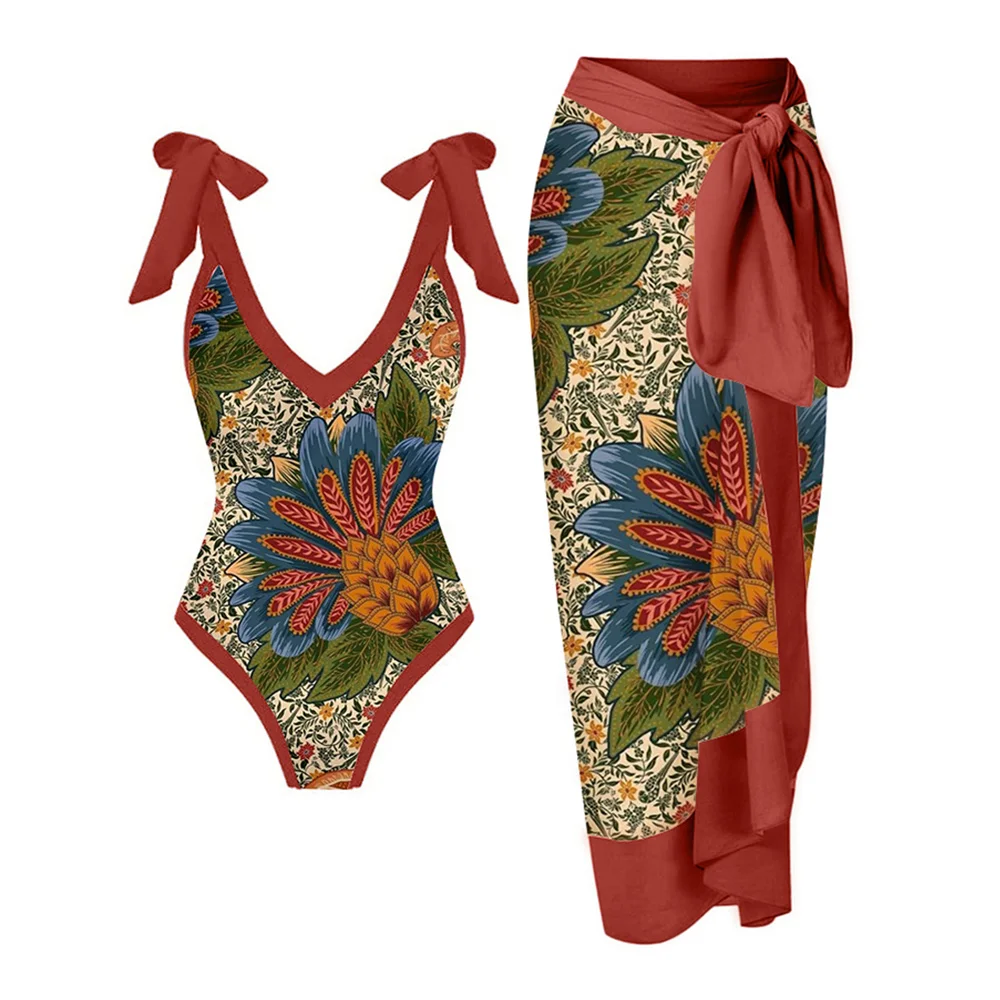 Fashion Printed Bikini Set Chic One Piece Swimsuit with Cover Up Deep-v Beachwear Summer Women‘S Bathing Suit Backless