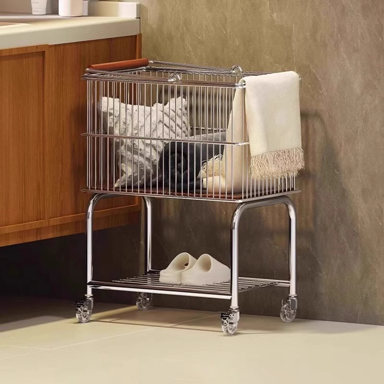 

Steel Wire Laundry Basket Cart with Wheels Bedroom Dirty Clothes Basket Organizer Laundry Organization Space Saving