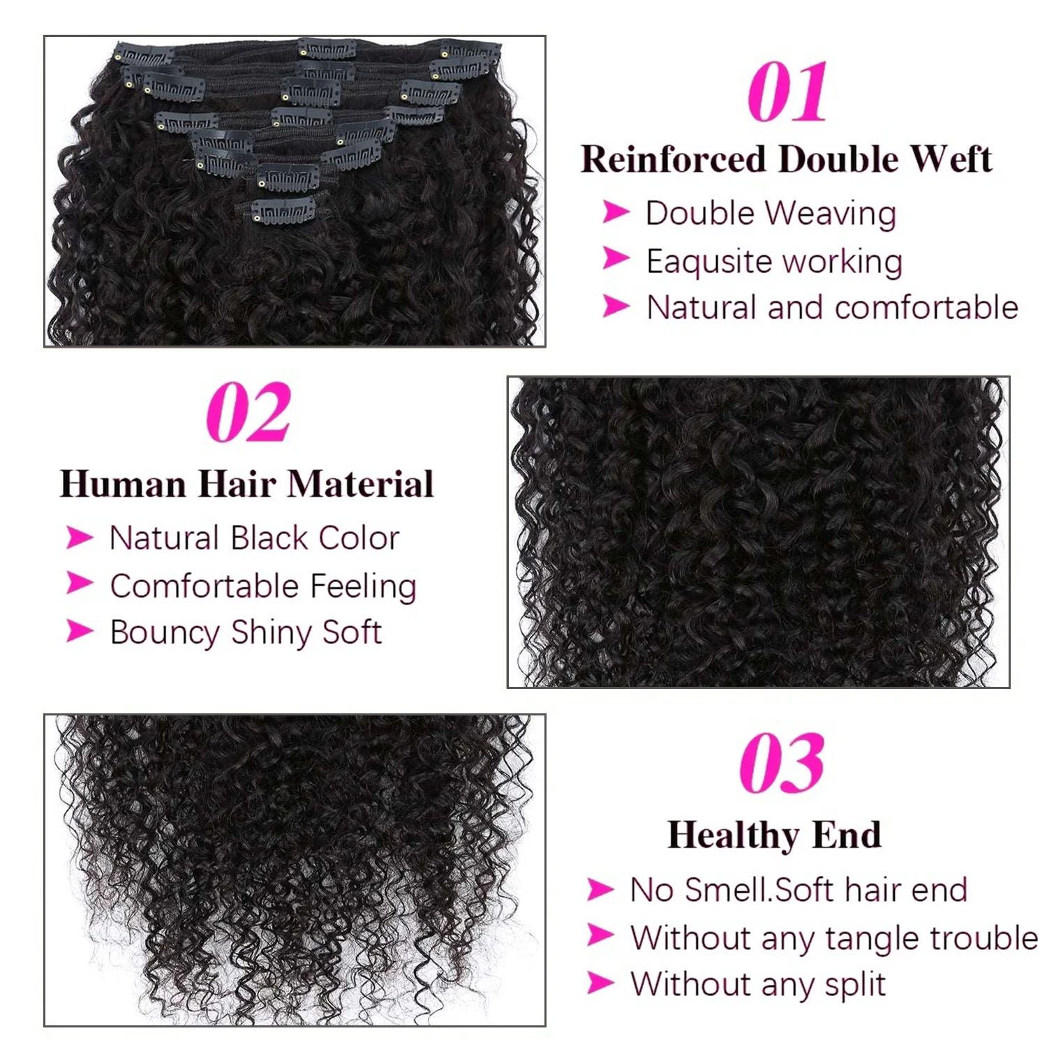 Kinky Curly 8 Pcs Clip In Hair Extensions for Women 100% Human Hair Full Head Hair Extension 10 - 30Inch Double Weft Brazilian