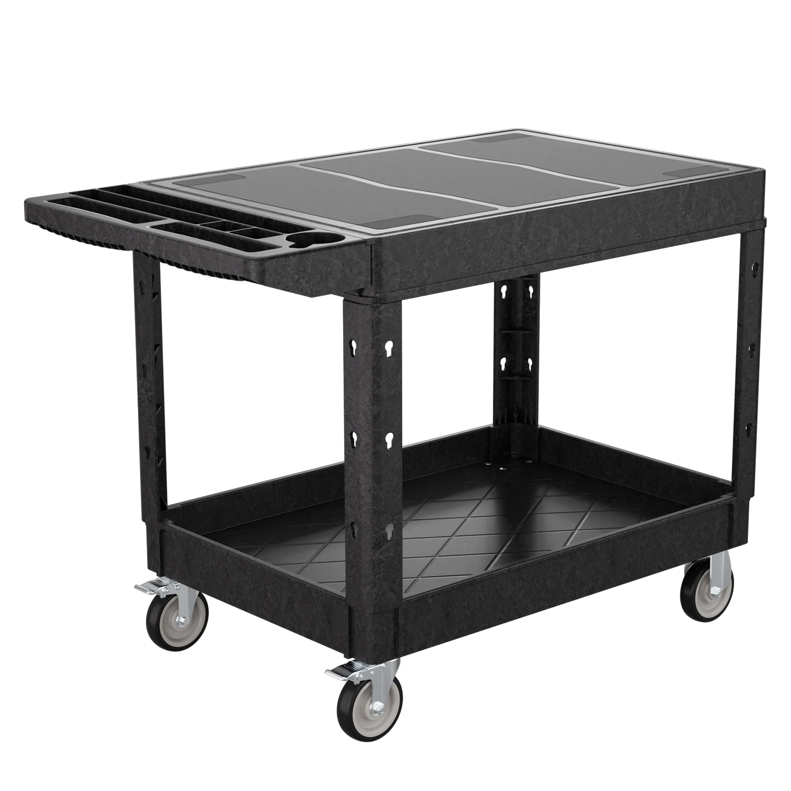 

Пластиковая тележка-платформа для обслуживания с 2 полками, усиленная, на колесах, с поворотом на 360 градусов ° Поворотные колеса для уборки на складах и в гаражах