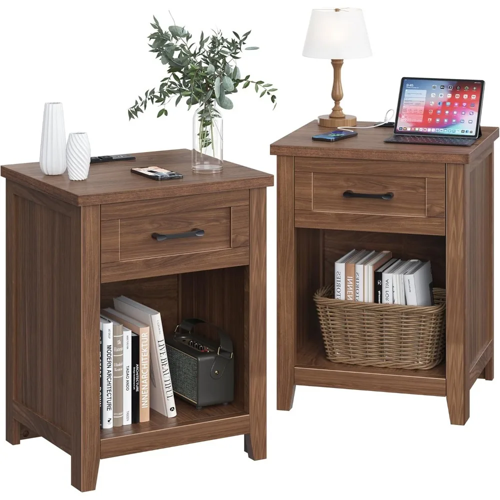 

Прикроватная тумбочка в стиле фермерского дома с зарядной станцией и большим хранилищем, комплект из 2 современных приставных столиков с розетками, USB-портами и портами Type-C