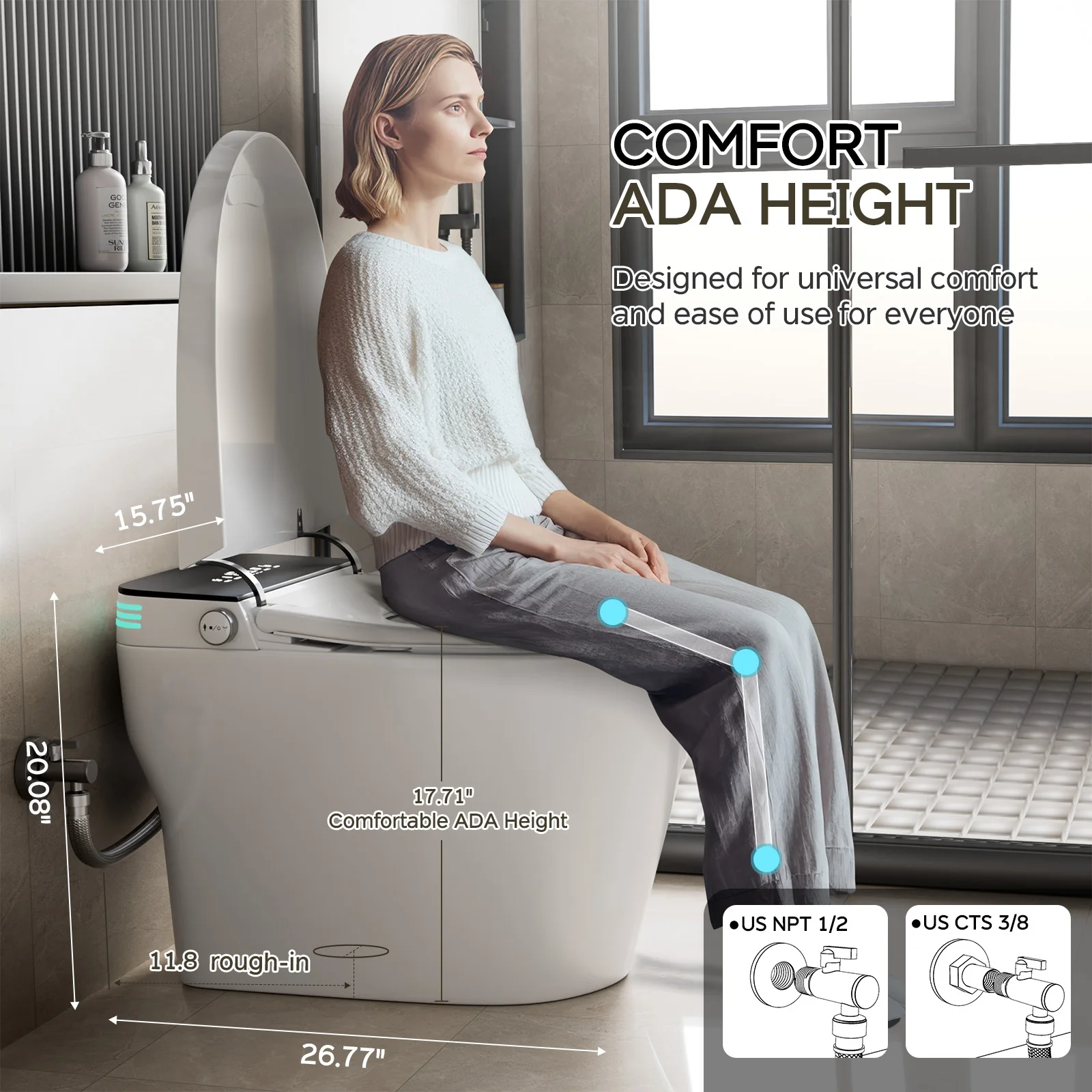Smart Toilet with Built In Bidet, ADA Height, One-Piece Bidet Toilet with Voice Control, Foot Sensor, Dual AUTO Flush in 1.28GPF