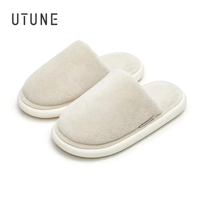 

UTUNE Женские домашние тапочки , теплые однотонные тапочки, Нескользящие, мягкие, дышащие, плоская подошва, для пар, Осень-зима