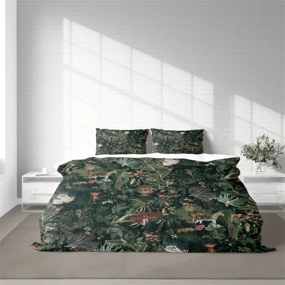 Forest and Wild Animals Duvet Cover Set, Nature Botanical Bedding Set, Floral Animals Quilt Cover, Single Double Full Queen King