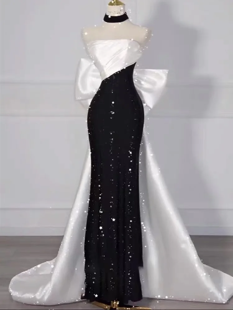 

Tubeless evening dress 2024 new black light luxury niche high-end banquet supporter dress