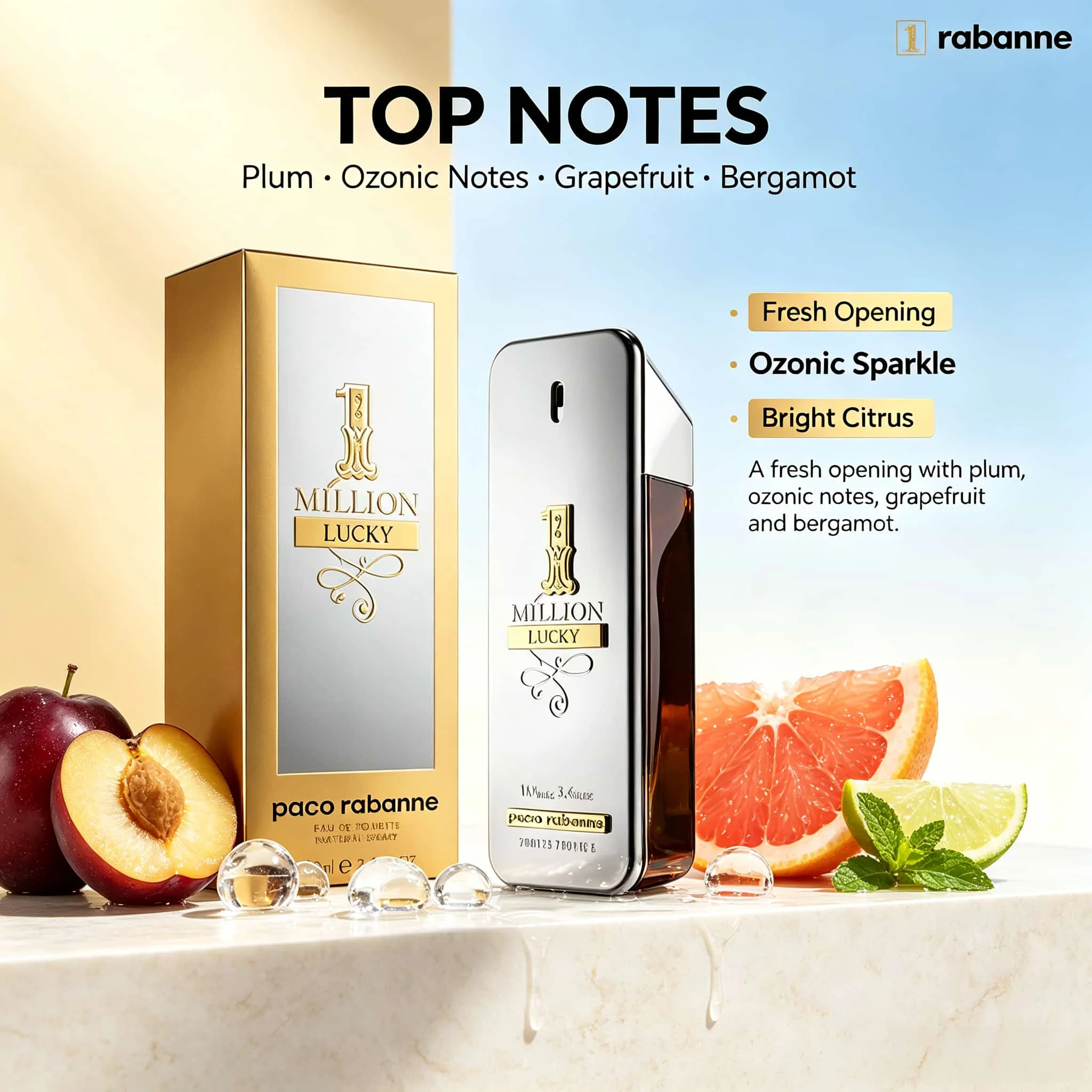 Rabanne 1 Million Lucky Men's Gulong Perfume, 3.4oz 100ml, Gourmet Woody Top Note Citrus+Fruity Middle Note Honey+Nuts+White Flowers | Amber Woody Finish, Lasting Fragrance, 6-8 Hours of Daily
