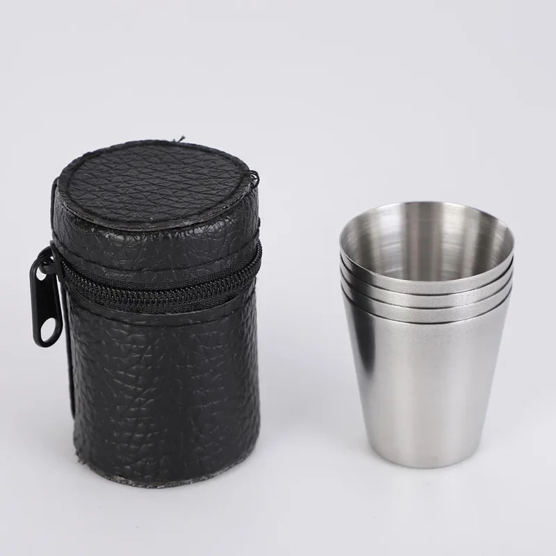 Verres à Shot en acier inoxydable de 30ml, avec étui en cuir, équipement de randonnée en plein air, tasse empilable, ensembles de Camping, tasse à boisson Portable, 4 pièces