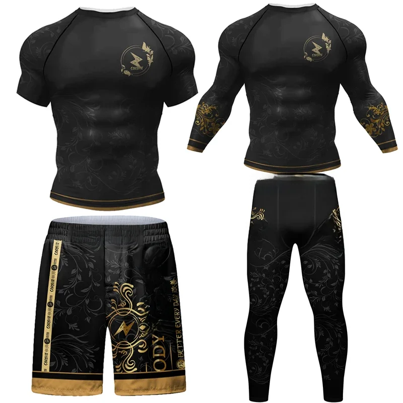 MMA Jiu Jitsu T-shirt + zestaw spodni Bjj Rashguard mężczyźni brazylijski Grappling Muay Thai spodenki odzież Gi Kickoxing Muay Thai koszulki — zdjęcie 2