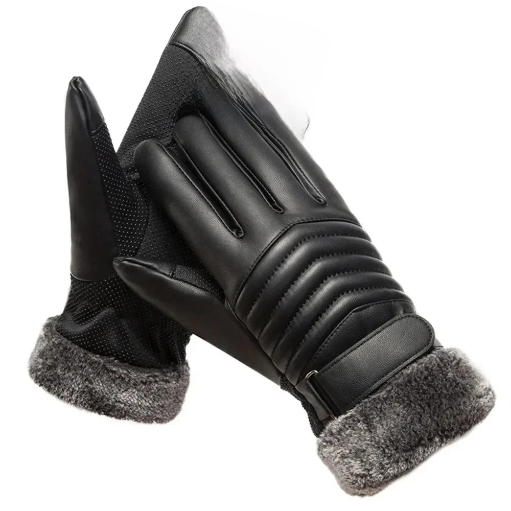 AliExpress Gloves Winter MEN'S Fur Mouth Plush Insulation Gloves Outdoor Cycling Motorcycle PU Touch Screen Cotton Gloves