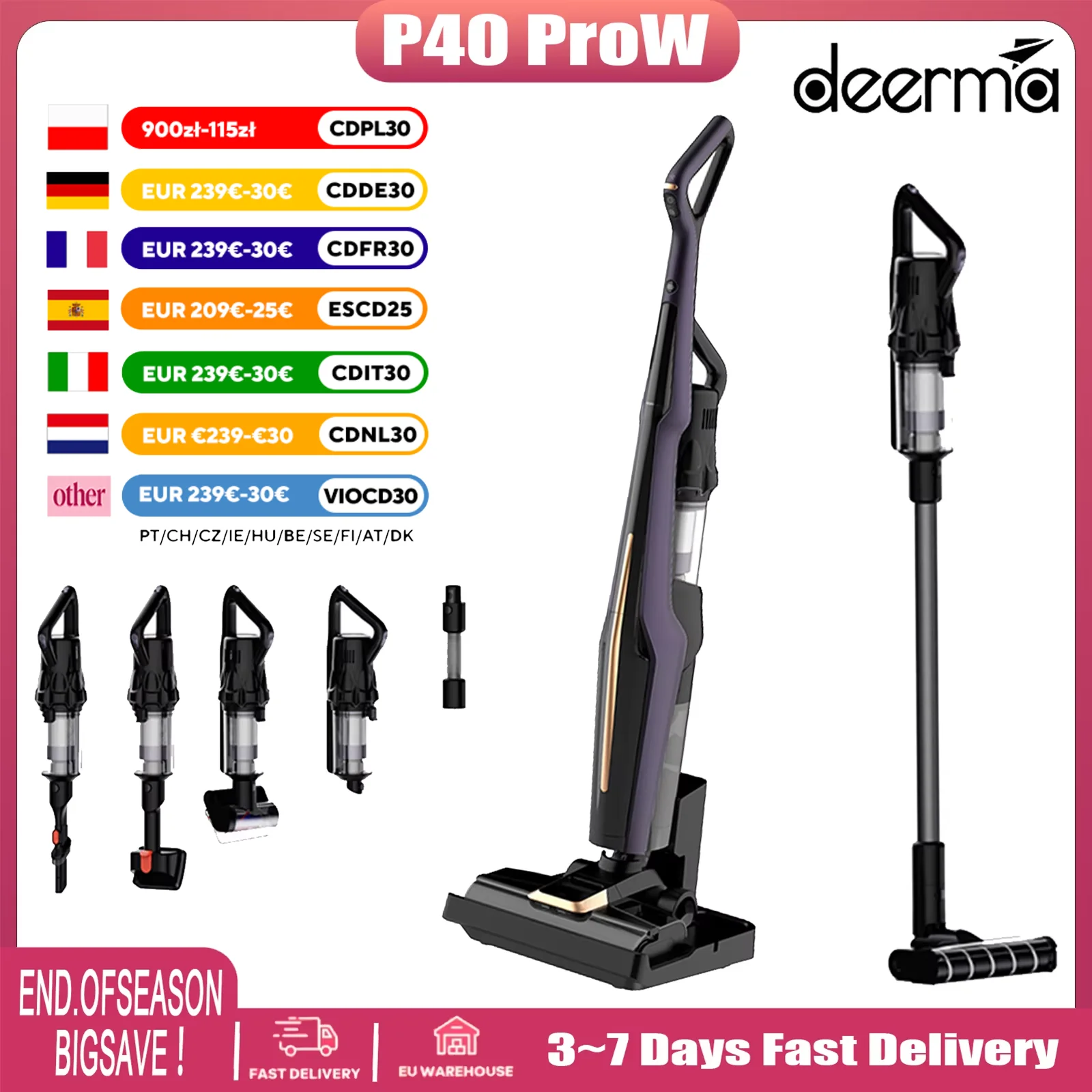 Deerma P40 Pro W Lavage de Sol et Aspirateur 18000Pa Aspiration 99.9% Stérilisation Lumière Verte Détection de Poussière Anti-Enchevêtrement Cheveux pour Maison Cheveux Animal Canapé Nettoyage Profond