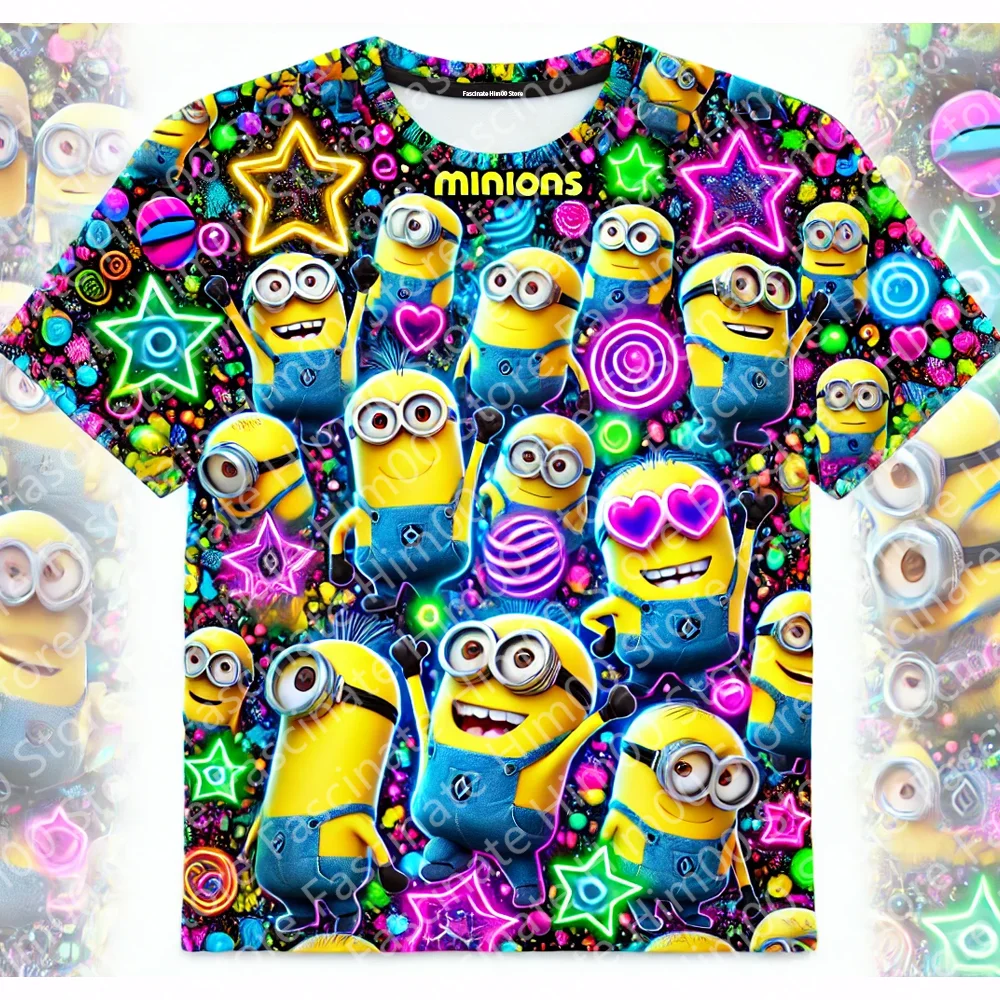 2024 New Children Cartoon Tshirt Minions Cool Neon Style Boys Tshirts Girls Cute Minions Summer Short Sleeve Tops Party Wear