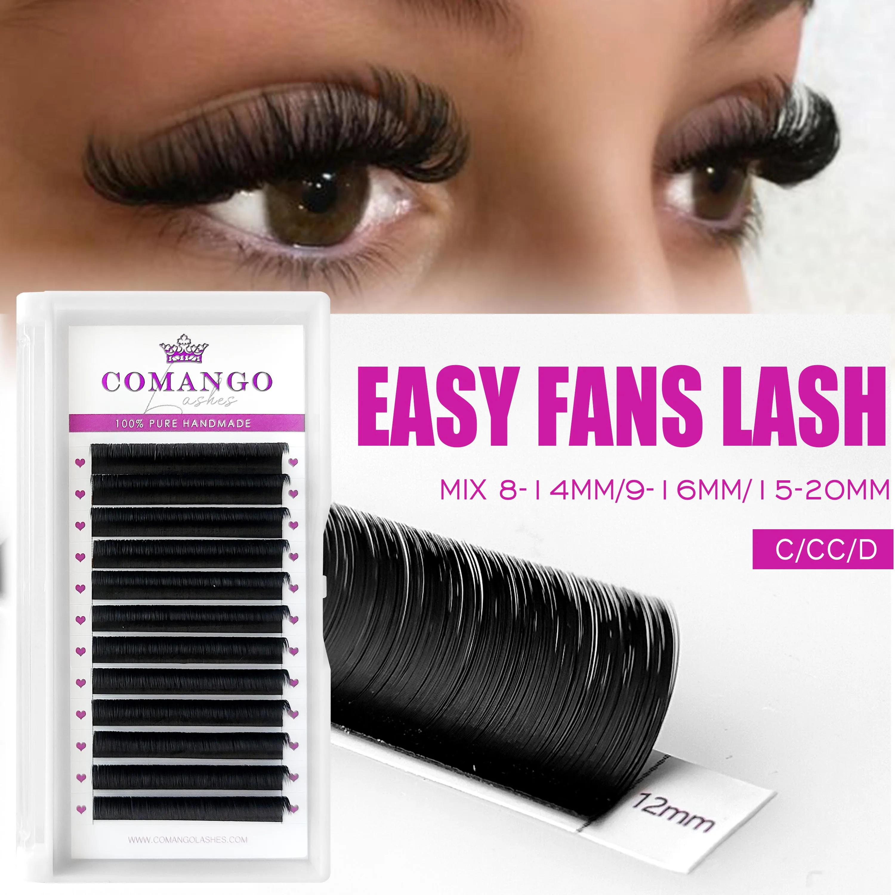 CoMango easy fan cachemire 8 ~ 20 noir mat foncé super doux 0.03 / 0.05 / 0.07 / 0.1 naturel moelleux cils extension mix plateau à cils