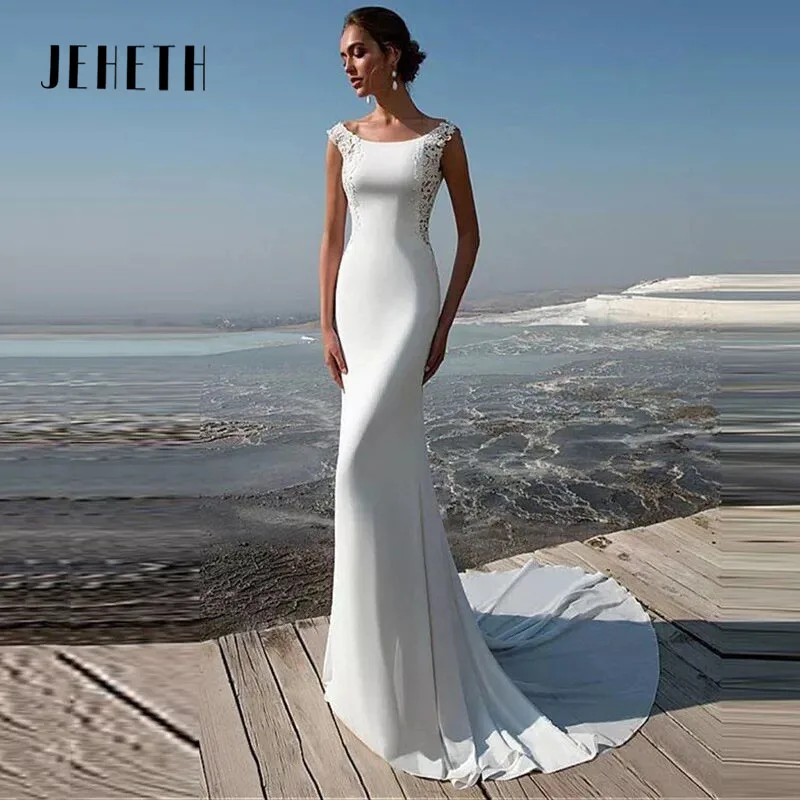 Jeheth Strand Meerjungfrau Brautkleider U-Ausschnitt Flügel ärmel Brautkleid für Frauen sexy rücken frei elegante Vestidos de Novia 2024 JEHETH Strand Meerjungfrau Brautkleider U-Ausschnitt Cap Ärmel Brautkleid für Fra